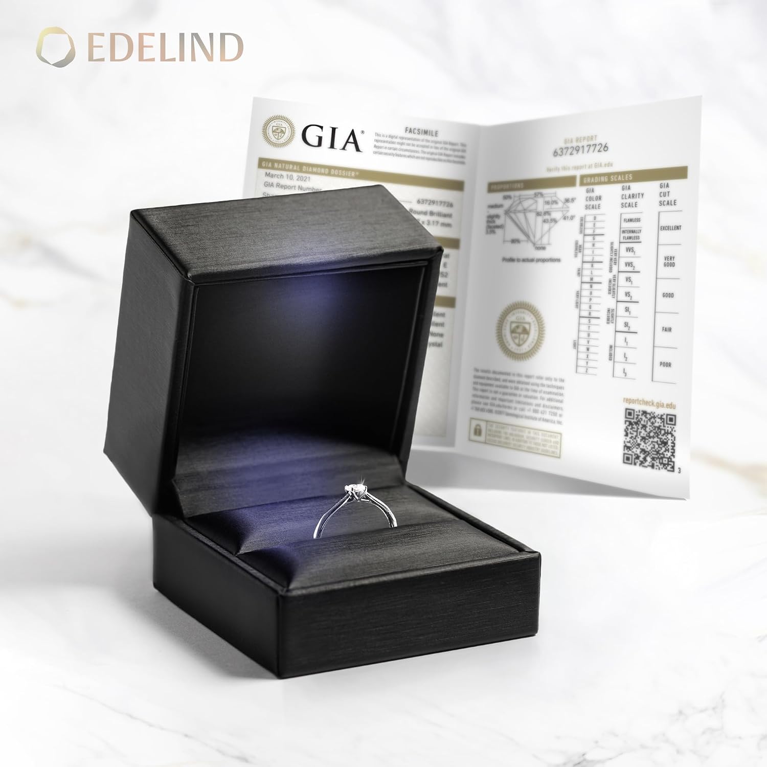 Detalle de EDELIND Bague de fiançailles femme – Diamant naturel 0,3 ct en or blanc 18k/750, certificat GIA