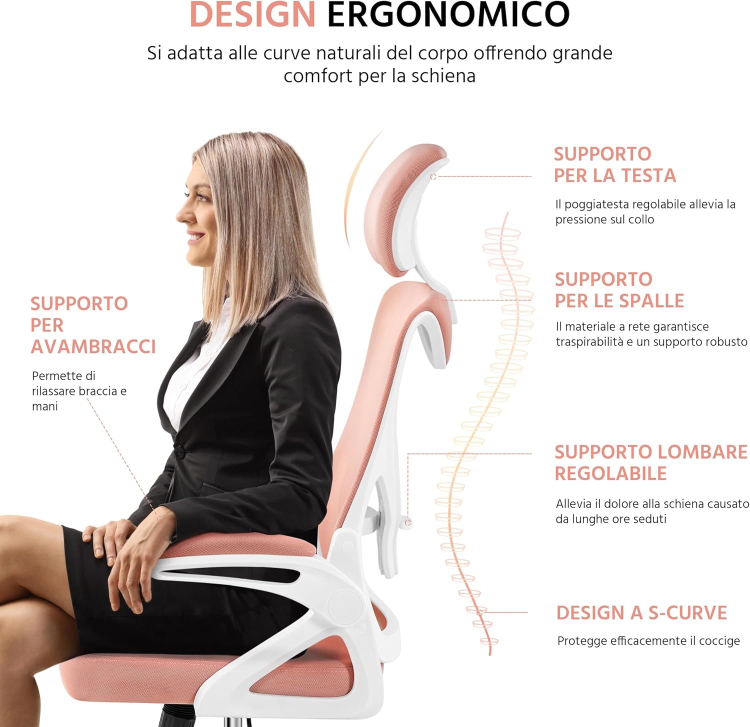 Detalle 2 de Yaheetech Sedia Ufficio Ergonomica con Braccioli Poggiatesta Regolabile e Schienale Alto – Lounge, Scrivania e Dondolo in Rete Traspirante