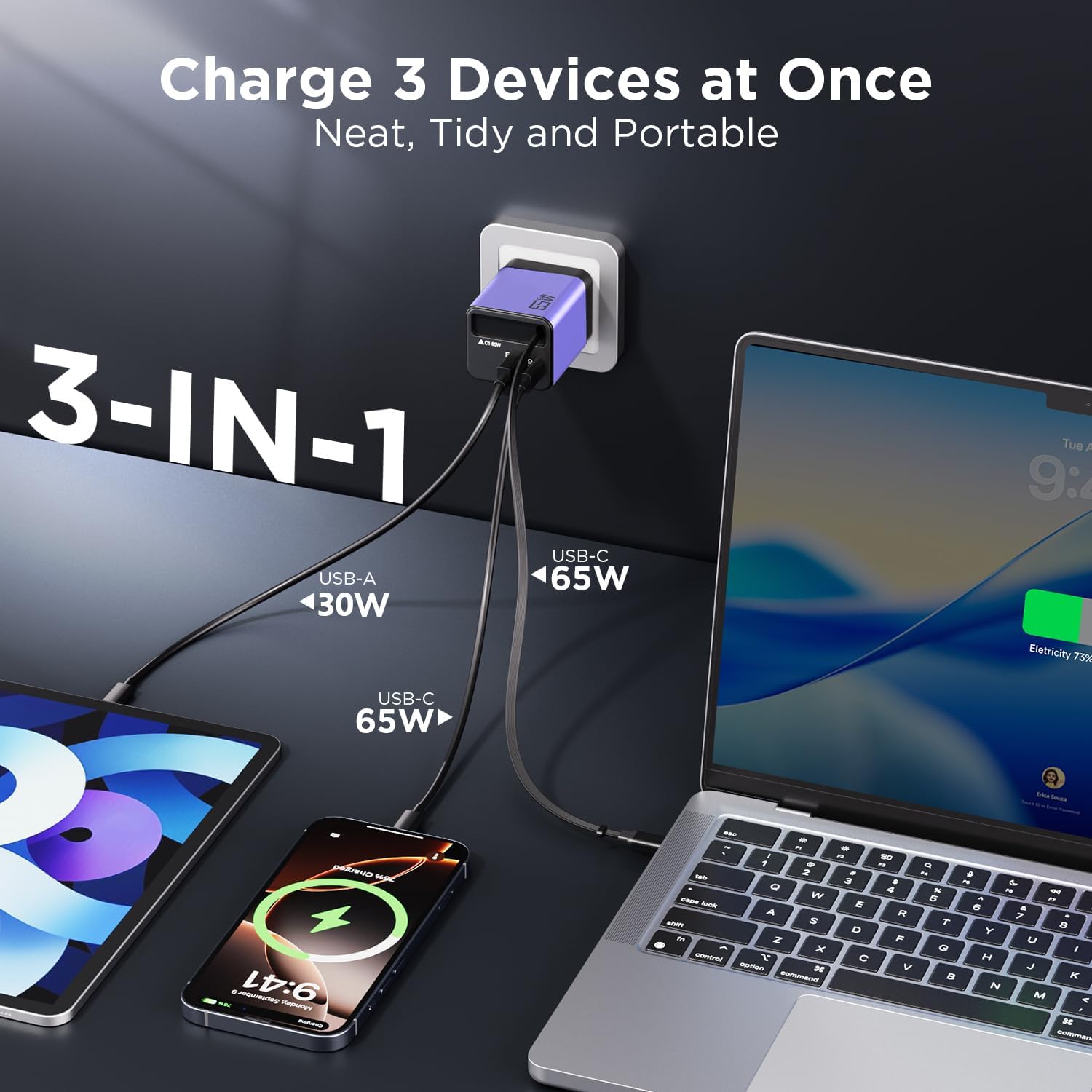 Detalle de USB-C Ladegerät 65W mit Einziehbarem Kabel – GaN, 3-Port, kompakt und sicher