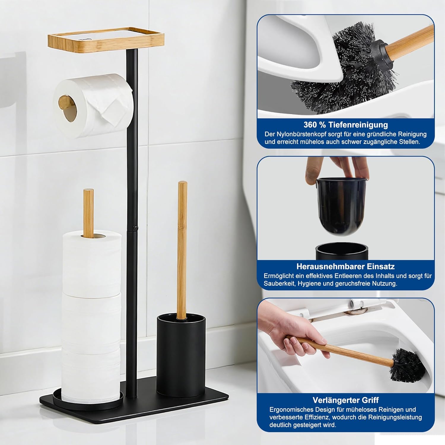 Thumbnail 5 de ASKLUND Porte-Papier Toilette sur pied avec Brosse et Rangements — sans perçage, bois noir