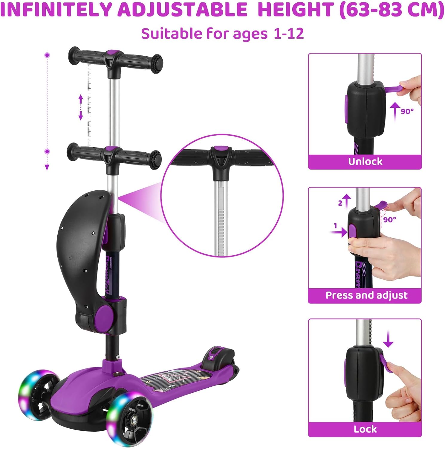 Thumbnail 2 de BremToy Roller Kinder mit abnehmbarem Sitz – stufenlos höhenverstellbarer Lenker, PU LED-Räder, faltbar