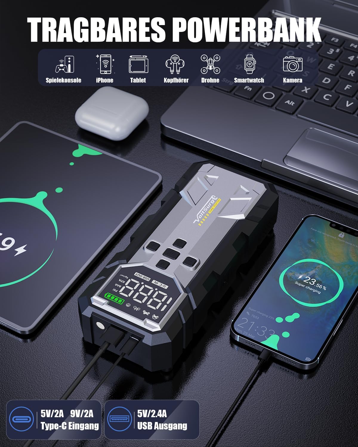 Detalle de 7000A Starthilfe Powerbank mit Kompressor: 4-in-1 Begleiter für Auto, Bike und mehr