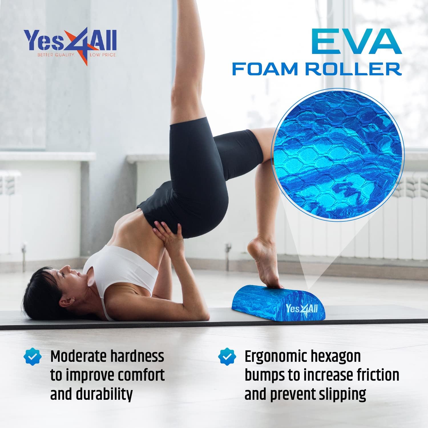 Detalle de Yes4All Half Roller EVA - Blue - 12 inch Firm Foam Roller for Stretching