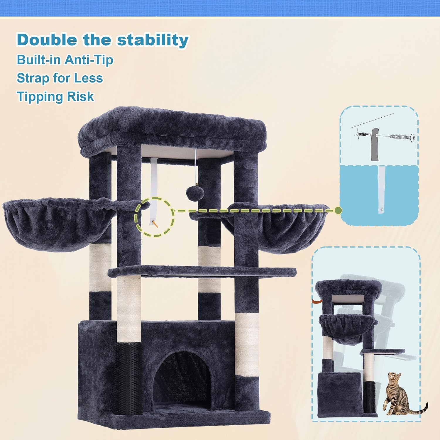 Thumbnail 6 de Hey-brother MPJ060G Cat Tree Tower with Large Perch, Condo and Two Hammocks