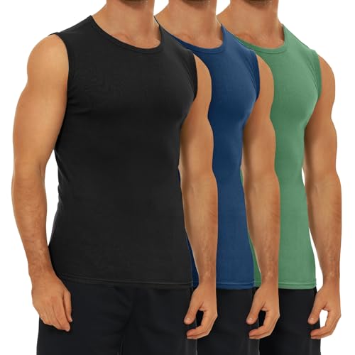Detalle de FALARY Débardeur Homme Musculation – Lot de 3 (Noir/Bleu/Olive) en coton 100% – Taille L