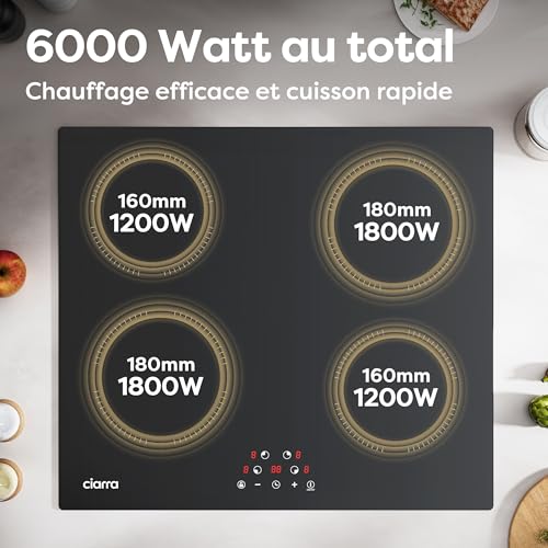 Detalle de CIARRA Plaque à Induction encastrable 60 cm – 4 feux, Puissance limitée 2,8/3,5/6 kW