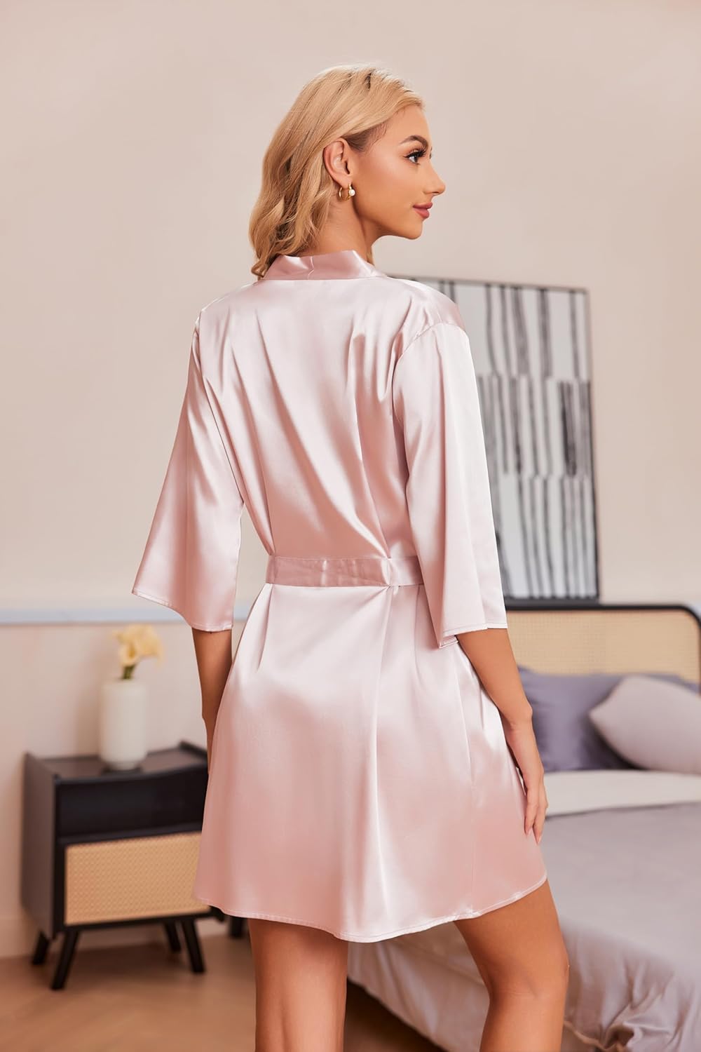 Detalle de Ekouaer set 2 pezzi in raso: vestaglia e camicia da notte da donna