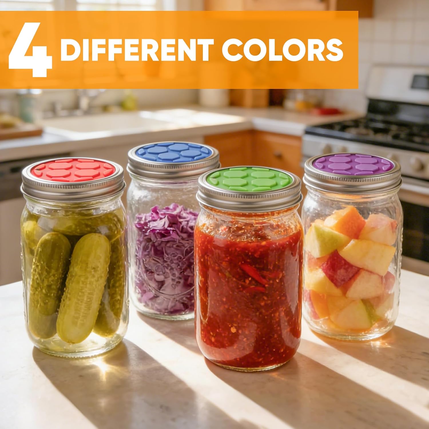 Detalle 2 de OAKDOLCHE Model 4 Silicone Fermentation Lids for Wide-Mouth Mason Jars, 4-Pack