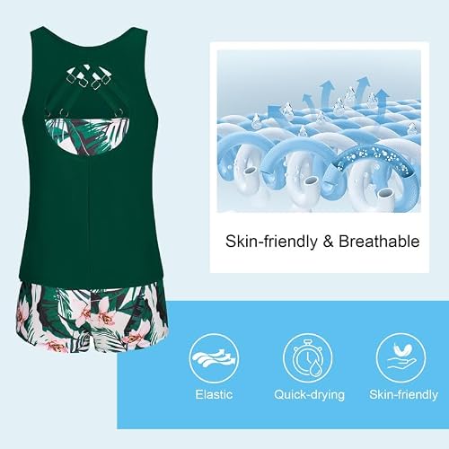 Detalle 2 de JASAMBAC 3-teiliger Tankini Damen Set – Bauchweg Push-Up Oberteil, High-Waist Badeshorts und flexibles Oberteil