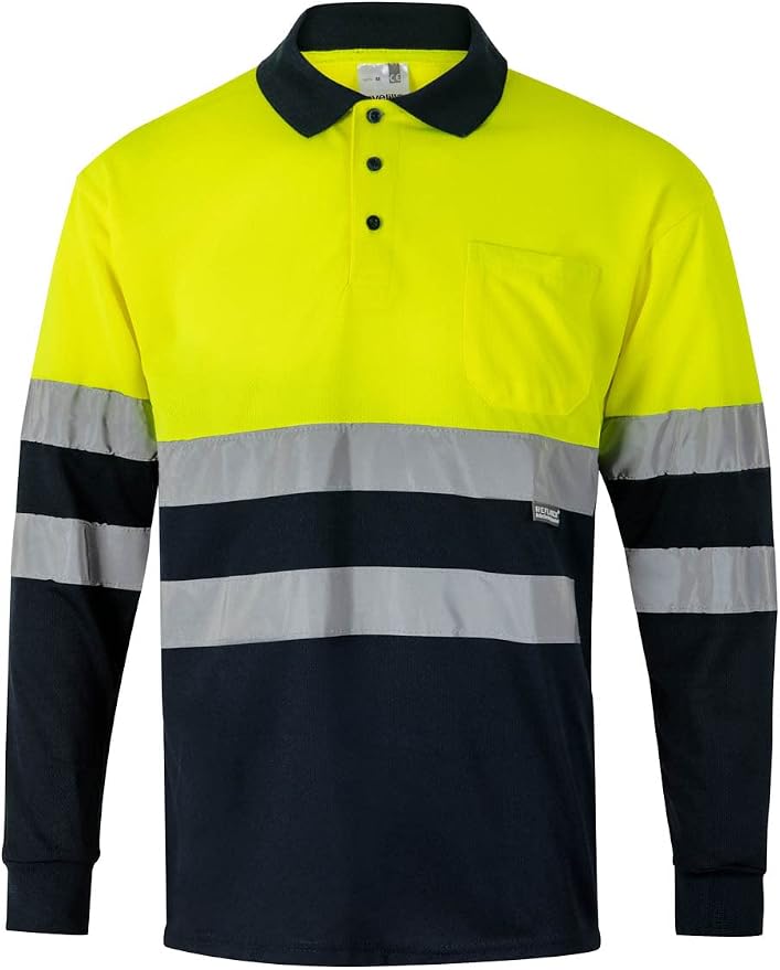 Detalle de Velilla 175 Polo Bicolor Manga Larga Azul Marino y Amarillo Fluor