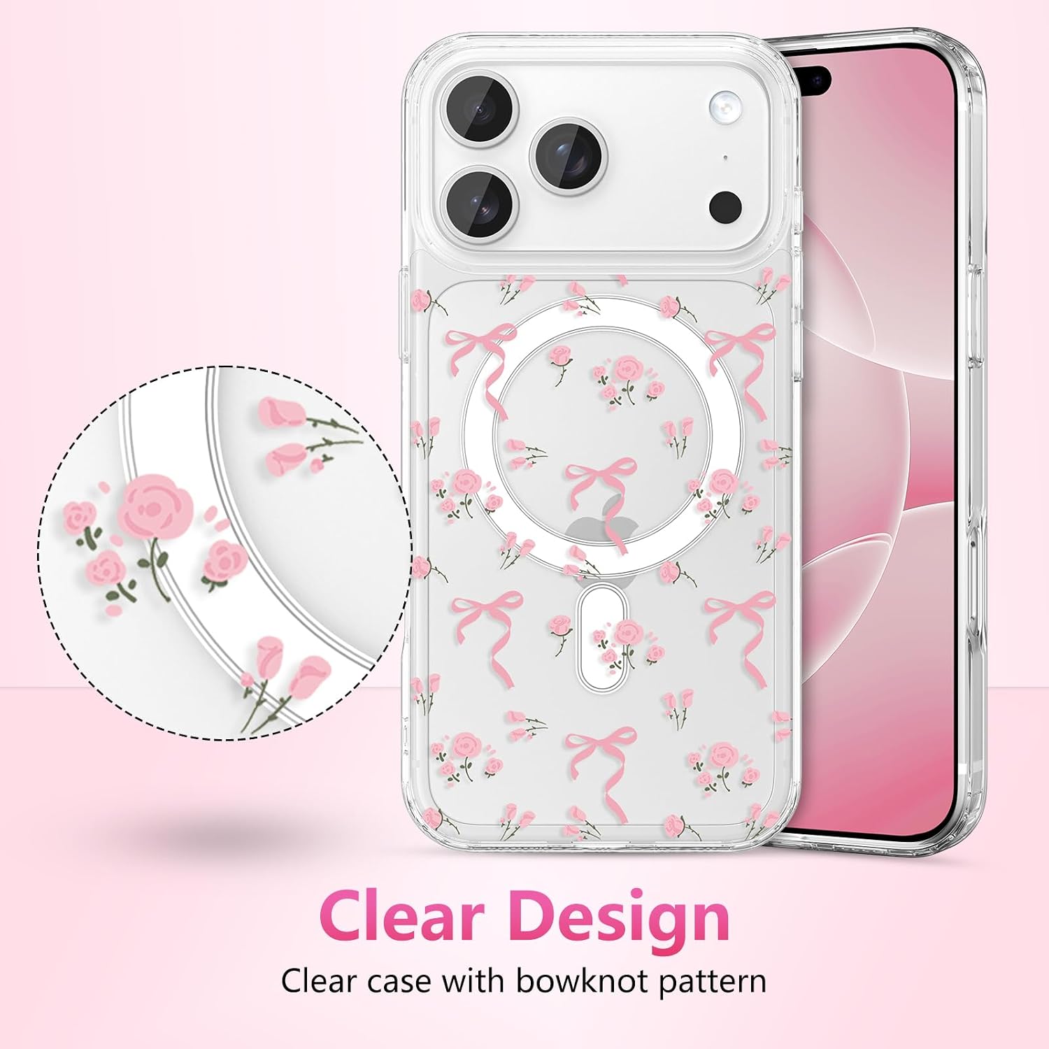 Detalle de ZTOFERA magnetische Handyhülle für iPhone 17 Pro Max (6,9 Zoll) – transparentes TPU mit Schleifen- & Blumenmuster, rosa Blume