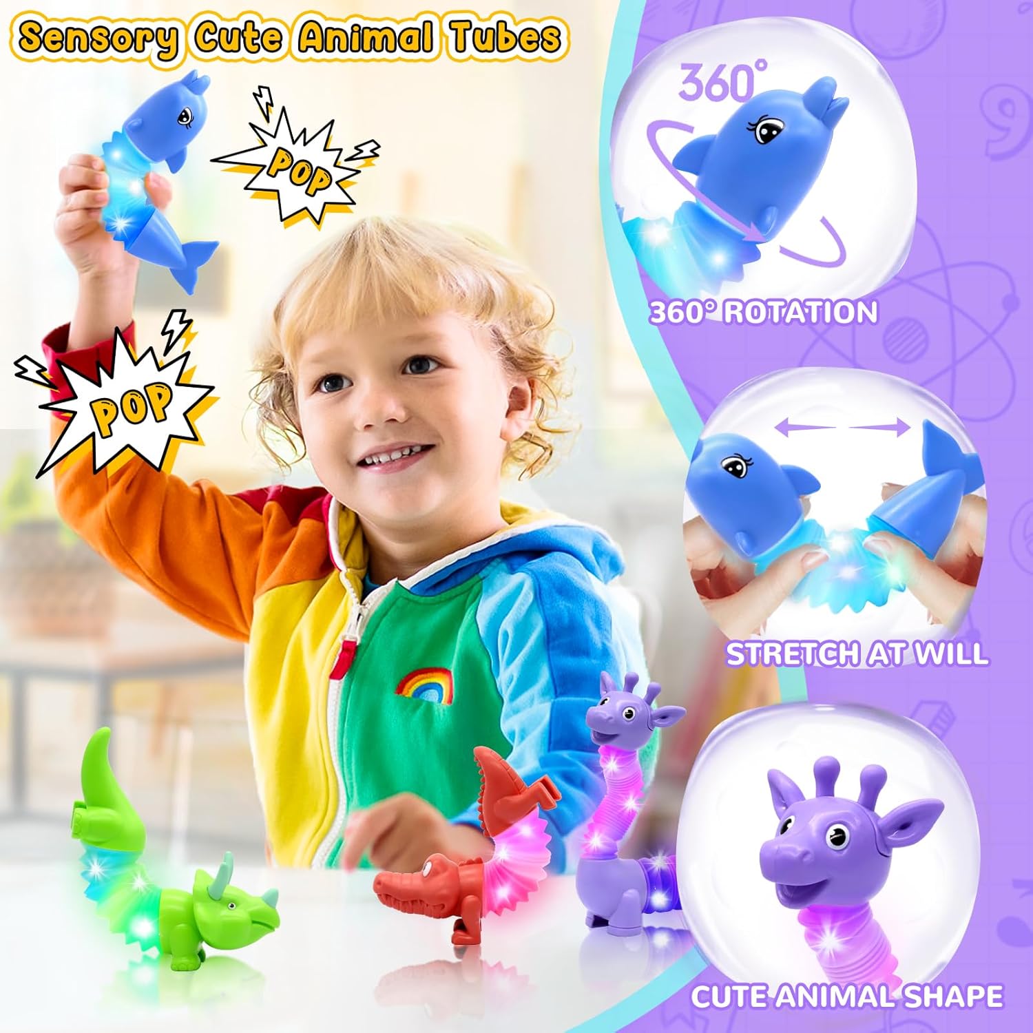 Detalle de DELEE Pop Tubes Animal Toy (4-pack) with LED lights – stress relief stretch tube animals