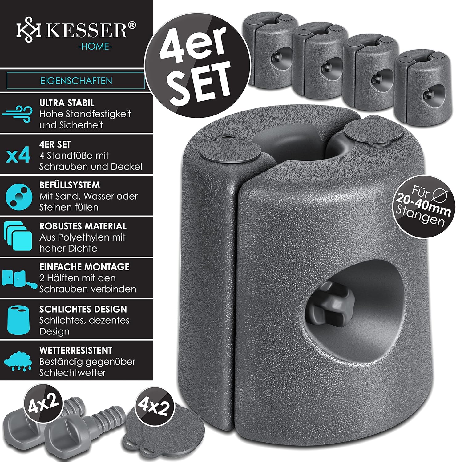 Detalle 2 de KESSER Pavillonstandfüße 4er Set – belastbare Standsicherung für Pavillons (22 x 22 x 25 cm, HDPE, Befüllbar mit Wasser/Sand) anthrazit