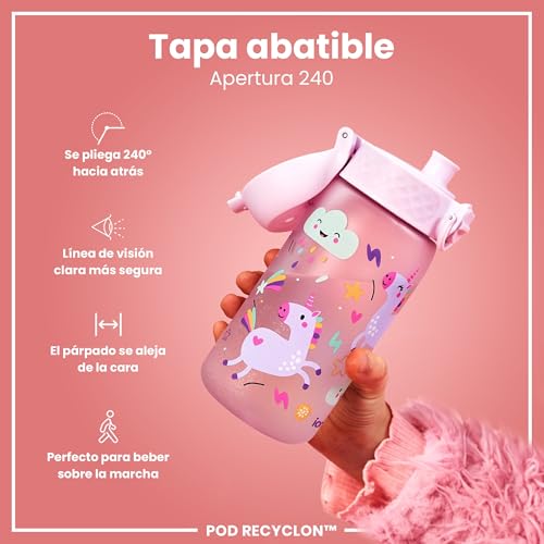 Detalle de ion8 Botella de Agua para Niños 350 ml: a prueba de fugas, fácil de abrir y con diseño unicornio