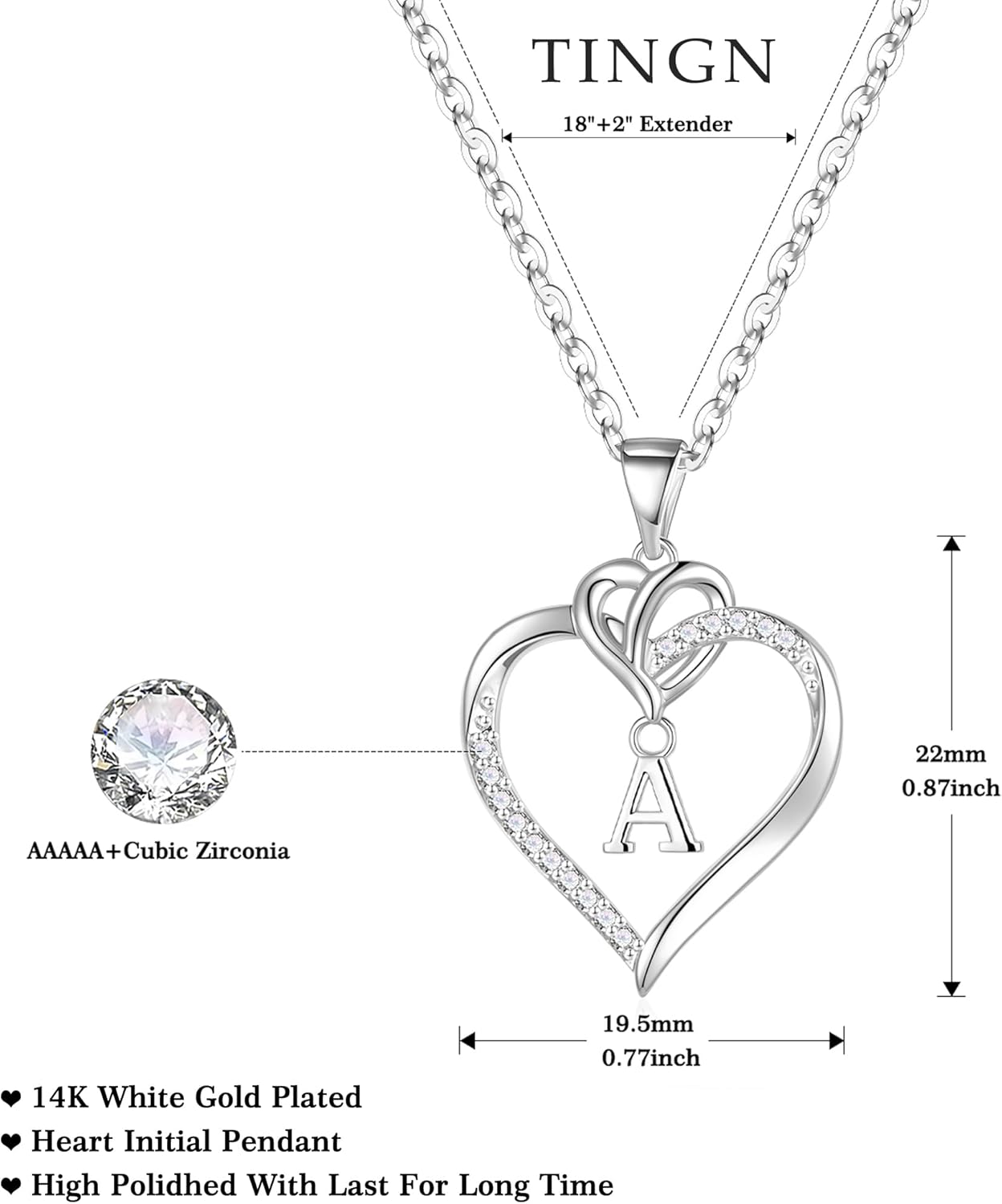 Thumbnail 1 de TINGN Herz-Ketten Damen mit Zirkonia-Anhänger (14K Gold/Weißgold vergoldet)