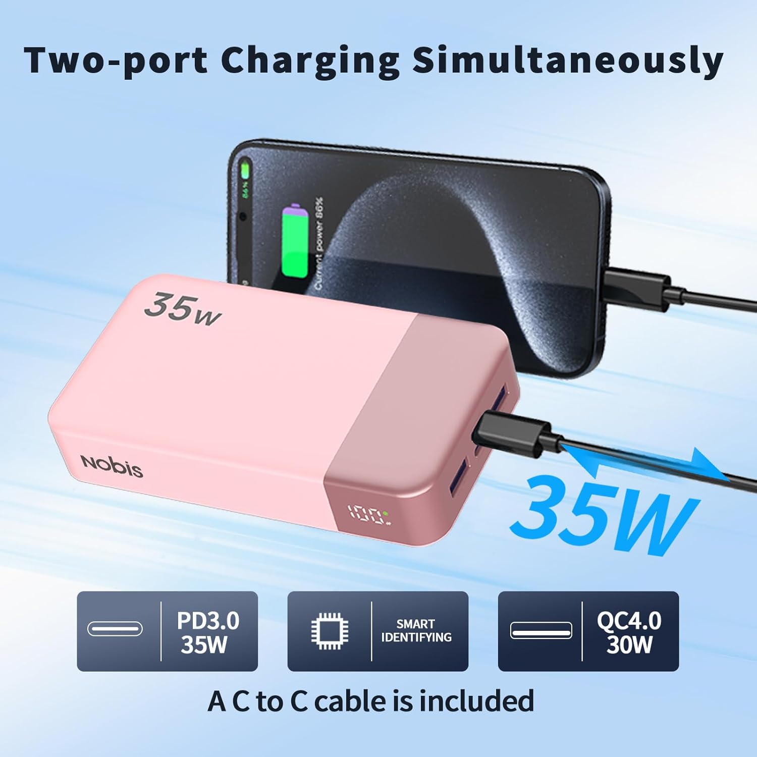 Thumbnail 2 de NOBIS Power Bank 35W 20000mAh Portable Charger (Pink) with 4 Ports and LED Display