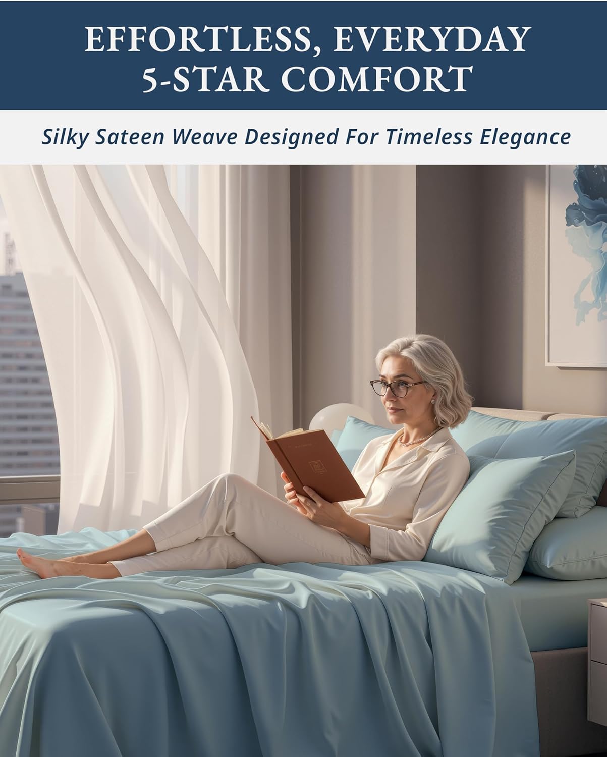 Detalle de 100% Egyptian Cotton Queen Size Sheet Set — Naturally Breathable & Ultra-Soft, French Blue with 15" Deep Pocket