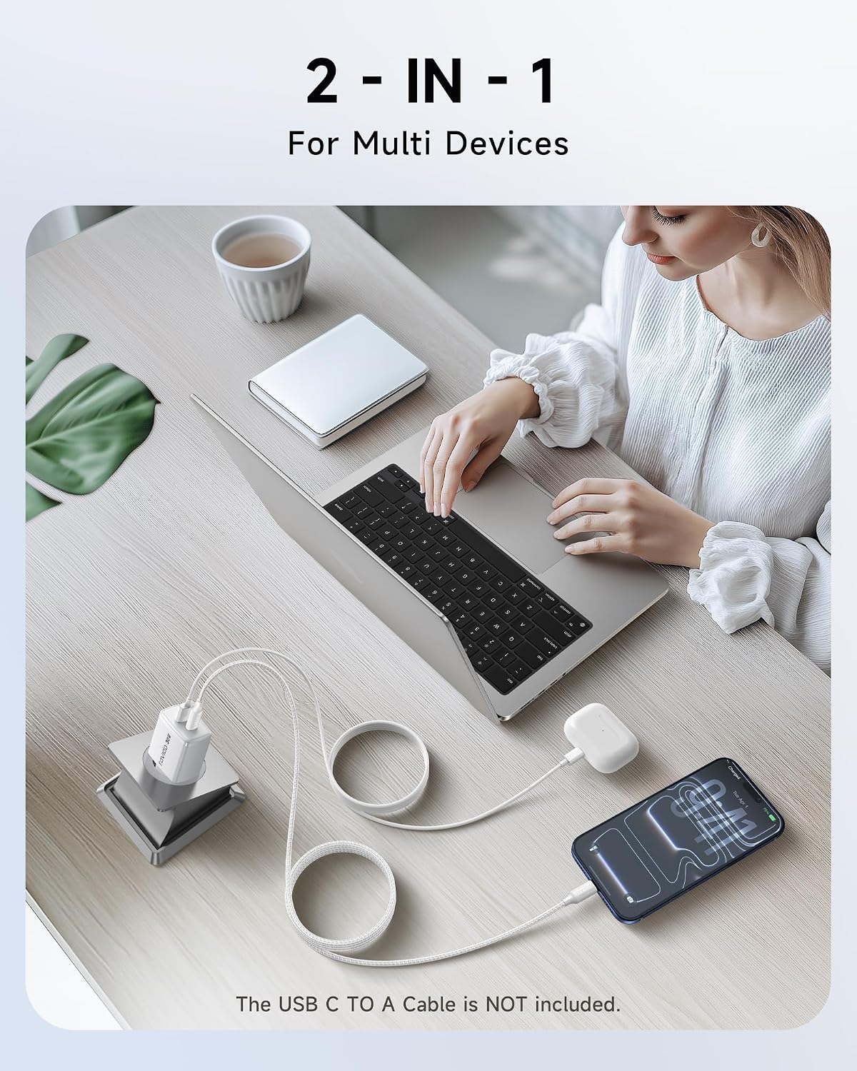 Detalle de RAVIAD 30W USB-C Ladegerät Duo mit GaN Technologie – 2 Stück inkl. 2 m USB-C Kabel (60W)