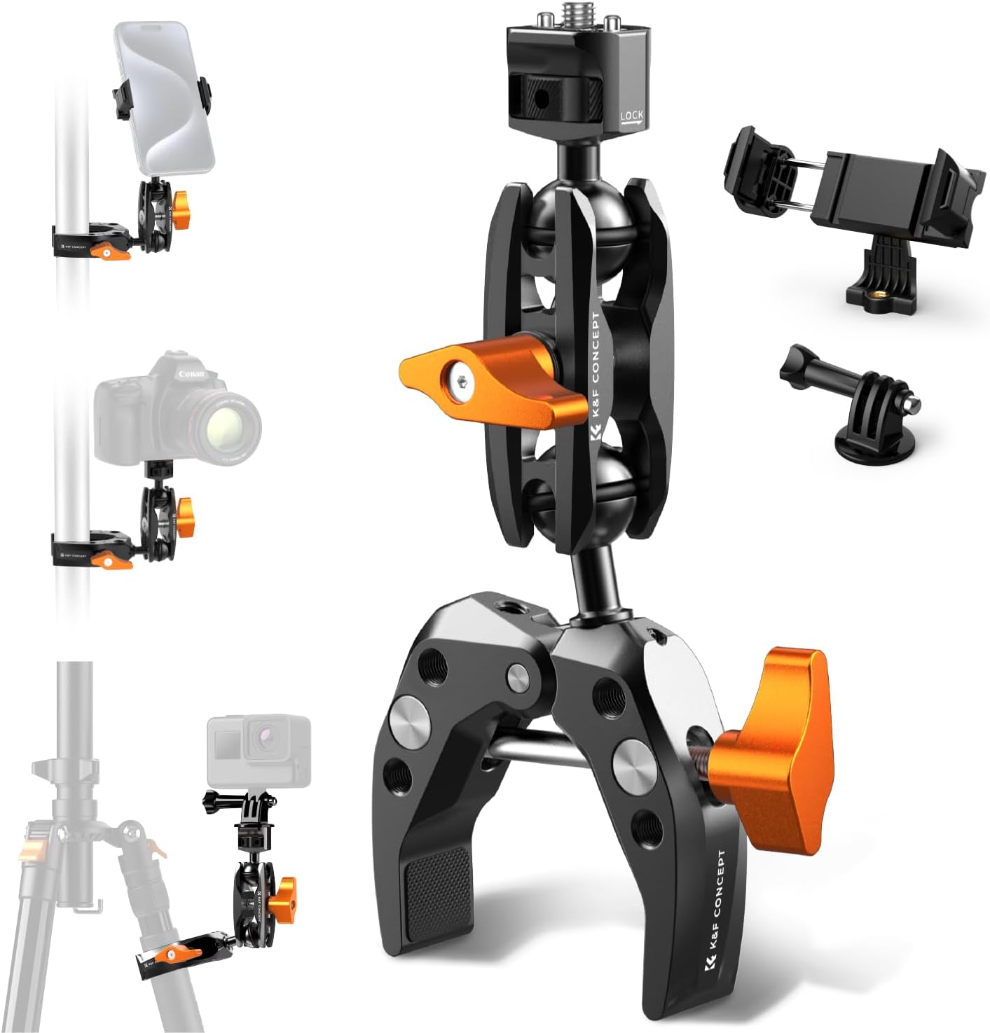 Detalle de K&F CONCEPT Bras Magique + Super Clamp à rotule 360° M13 (filetage 1/4" + adaptateur GoPro/clip téléphone)