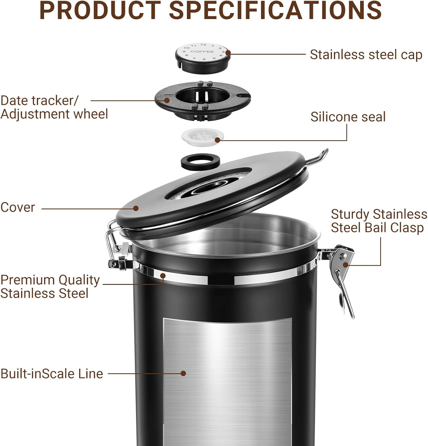 Thumbnail 4 de Osrioal Coffee Bean Storage 2.8L Airtight Canister with Date Tracker, Measuring Scoop and CO2 Valves