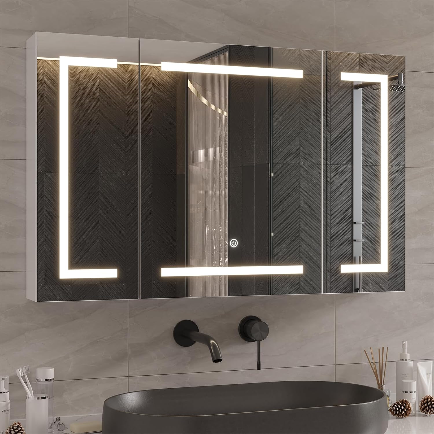 Detalle de DICTAC Specchio Bagno Contenitore con Luce e Presa, 100x60x13,5 cm – Armadietto a Specchio con Illuminazione LED