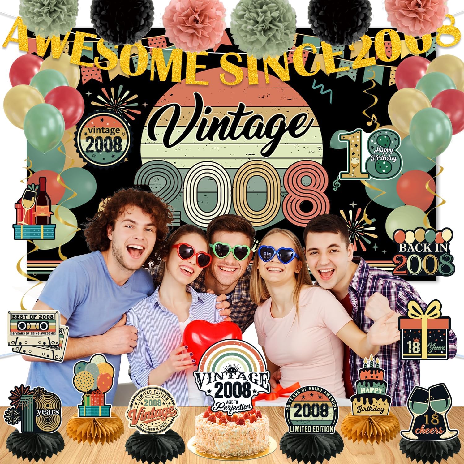 Detalle de PLOZZY Vintage 18th Birthday Decorations, 47-Piece Set with Backdrop