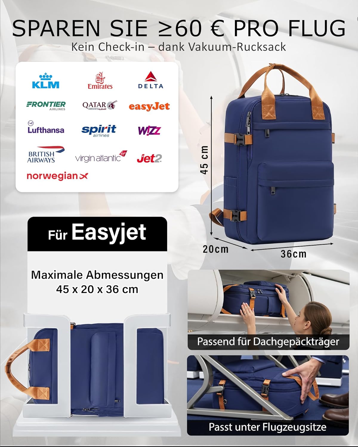 Detalle de COOLIFE Vakuum Rucksack Handgepäck 45x36x20 cm – kompakter Begleiter für Flugreisen