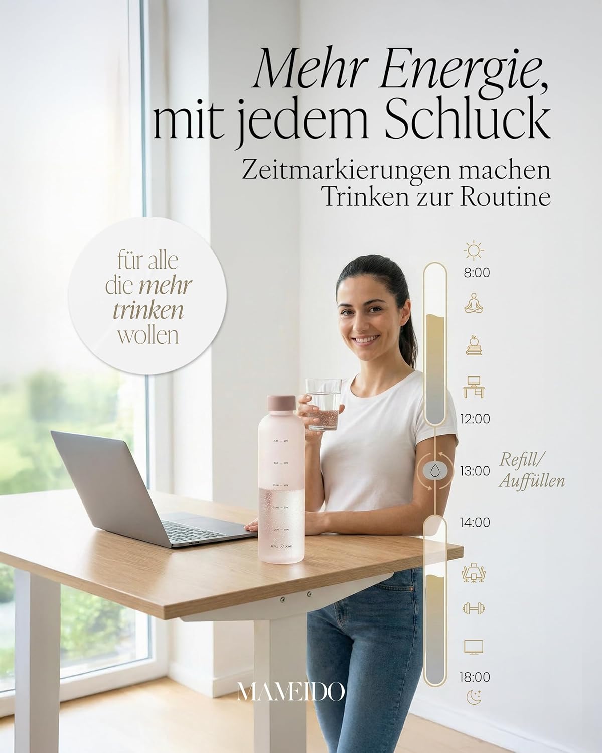 Thumbnail 3 de MAMEIDO Trinkflasche mit Zeitmarkierung, 1,5 l – kohlensäuregeeignet, auslaufsicher, BPA-frei (Glow Couture)