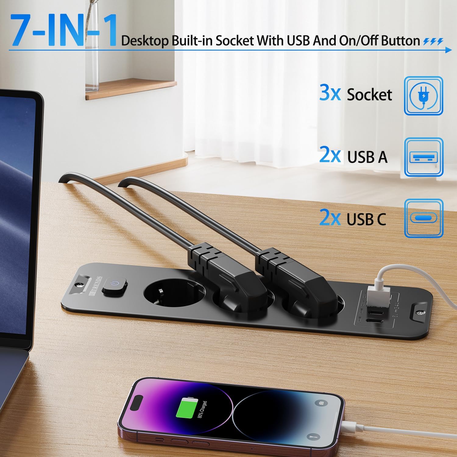 Detalle de HITRENDS HS-FEX-4U-3K inbouwstopcontact met 3 stopcontacten en 4 USB-poorten