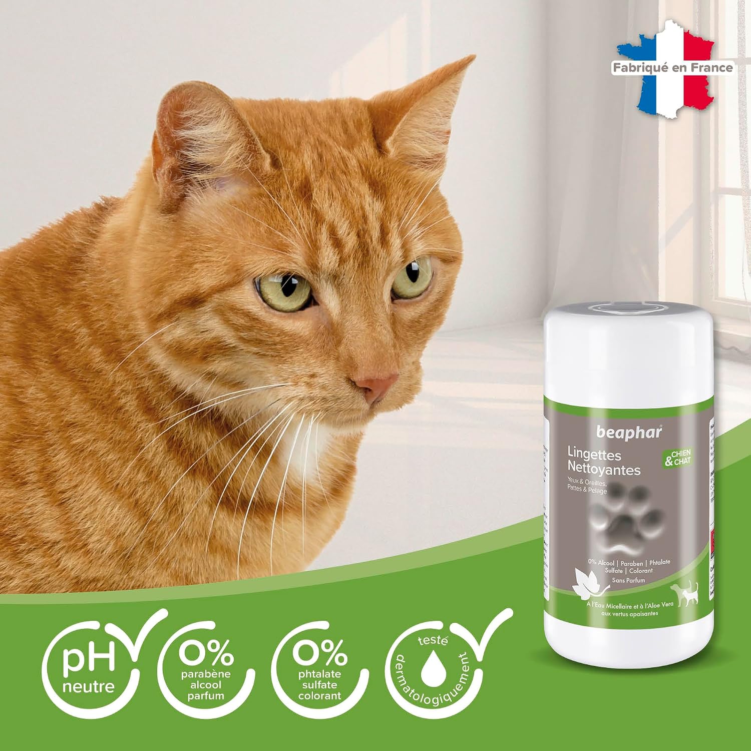Detalle de Beaphar Lingettes Nettoyantes Yeux, Oreilles, Pattes et Pelage pour Chien etChat – Calendula apaisante – 100 lingettes