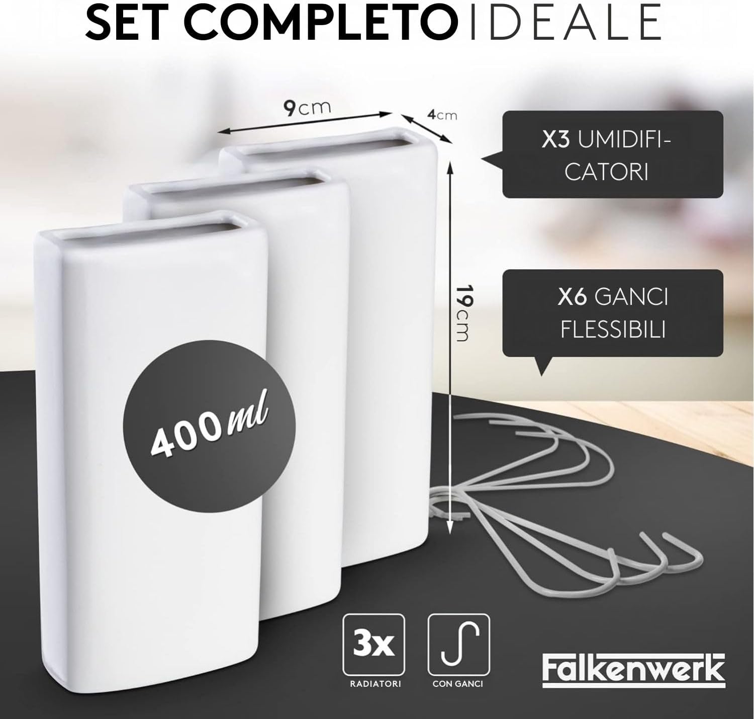 Detalle de FALKENWERK Umidificatore Termosifoni per Radiatori in Ceramica (3 pezzi) – Umidificatore Sostenibile, Bianco