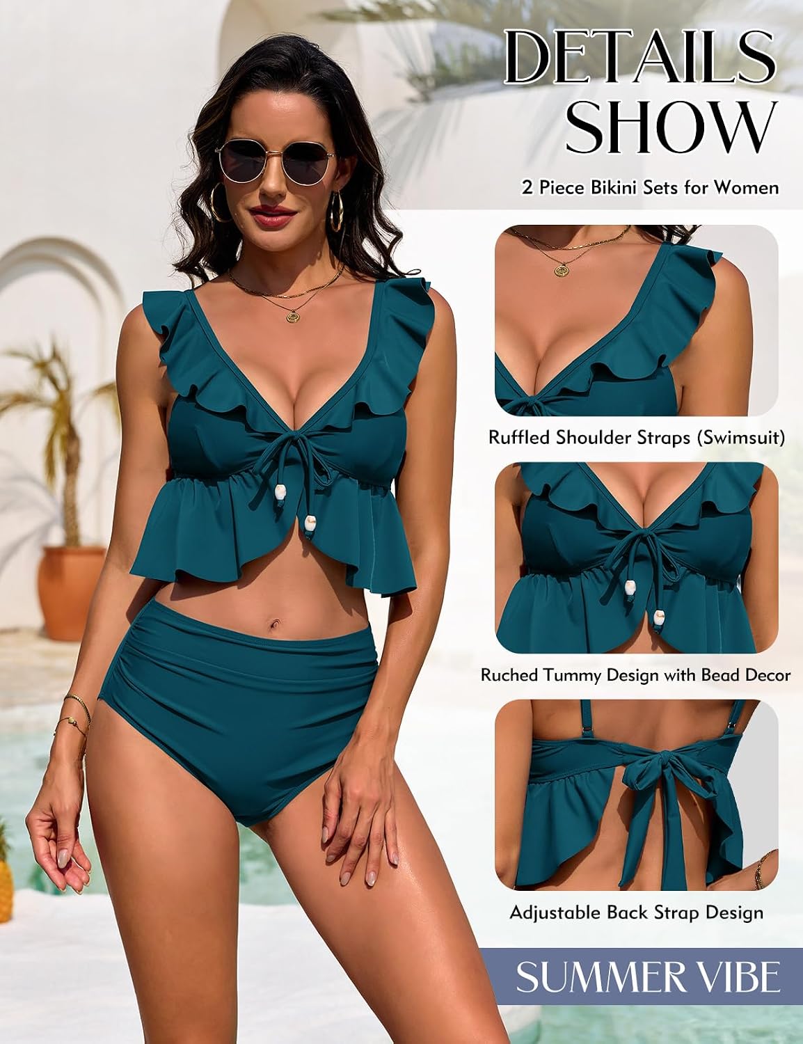 Detalle de UMIPUBO Ruffled High-Waisted Bikini Set with V-Neck and Ruched Detail
