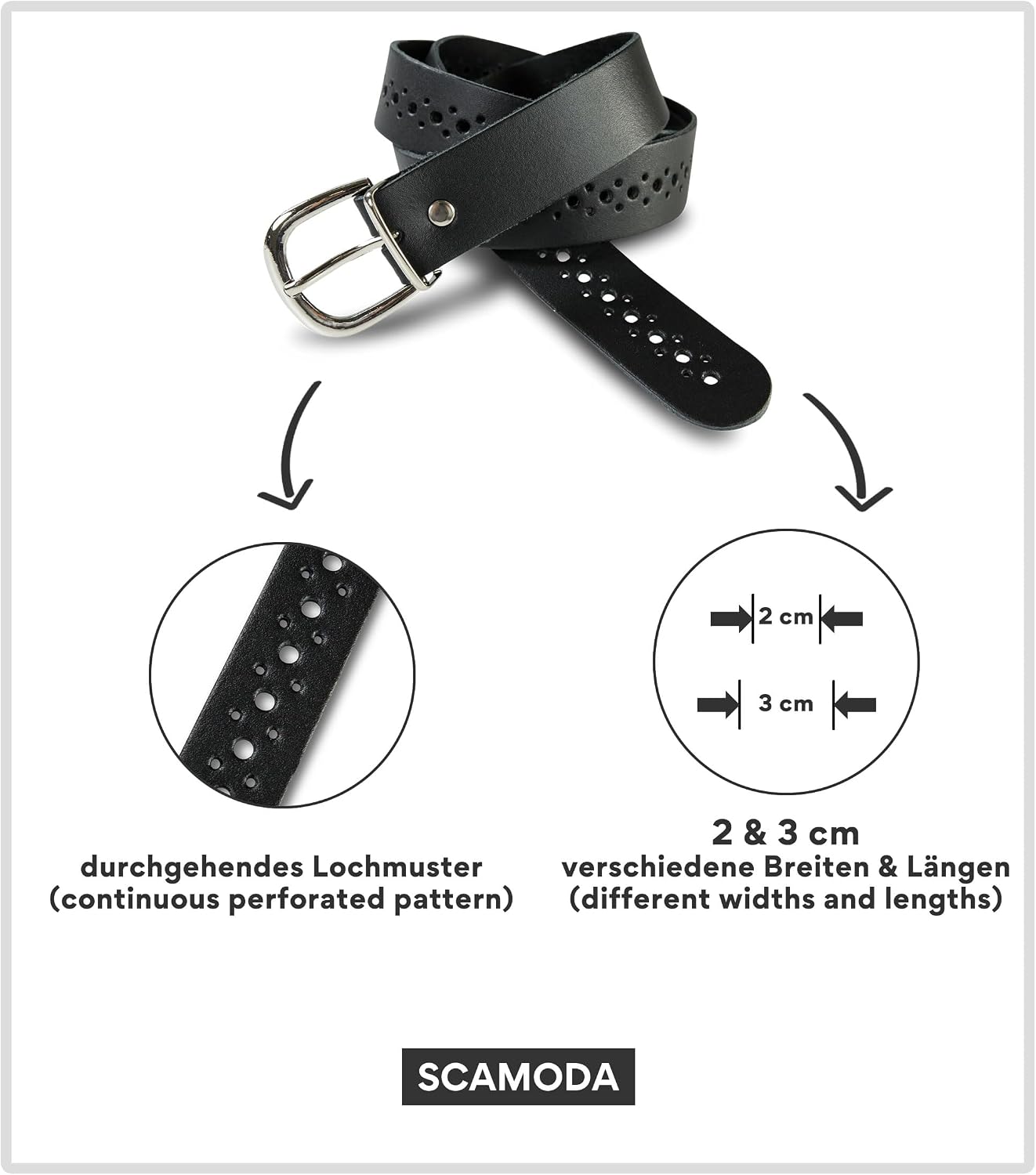 Detalle de SCAMODA Damengürtel aus Echtleder mit Lochmuster und silberner Gürtelschnalle – Made in Germany