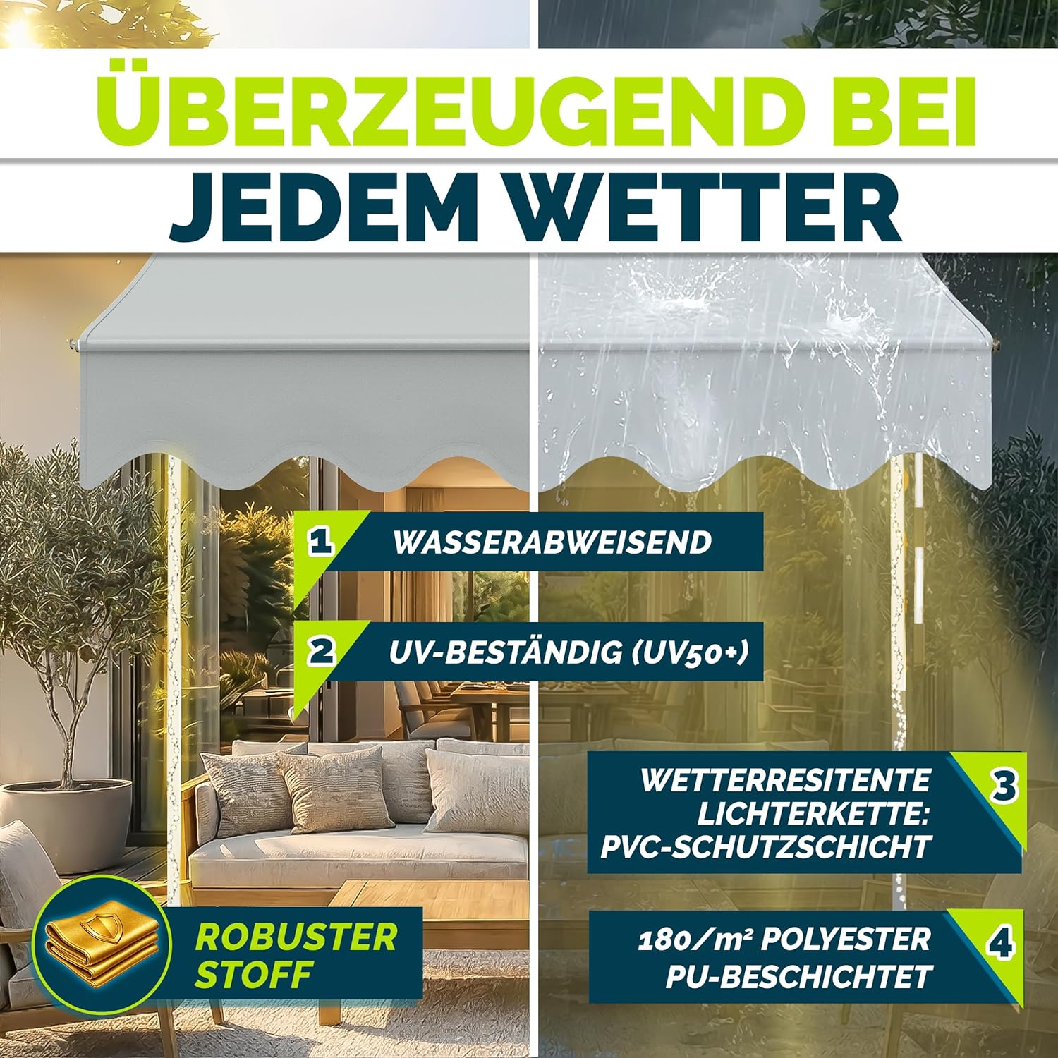 Thumbnail 3 de tillvex Klemmmarkise mit Handkurbel und LED-Lichterkette (ohne Bohren) für Balkon & Terrasse – Hellgrau, 400 cm