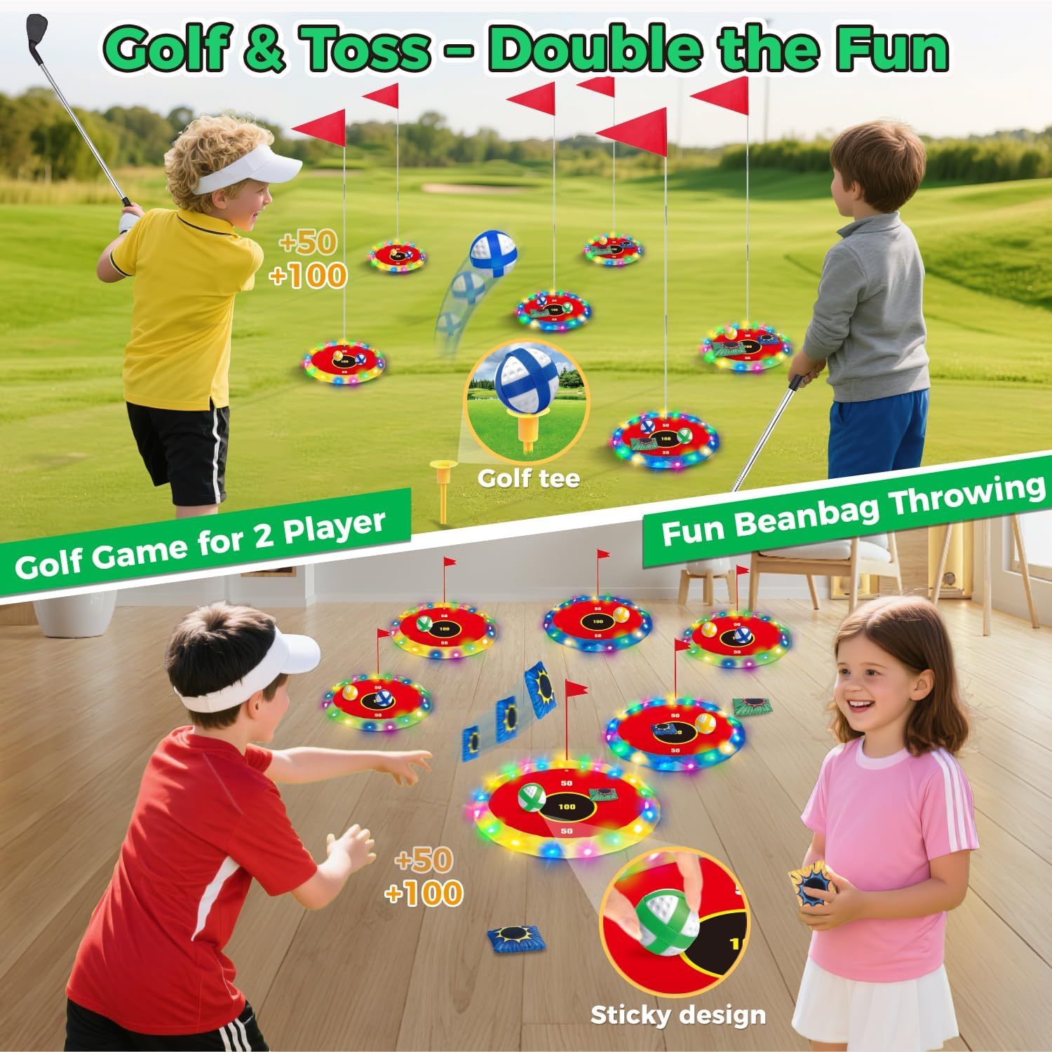 Thumbnail 1 de VATOS 2-in-1 Golf con luci per bambini – Gioco di chipping e lancio con bersagli LED, 2 mazze e 18 palline