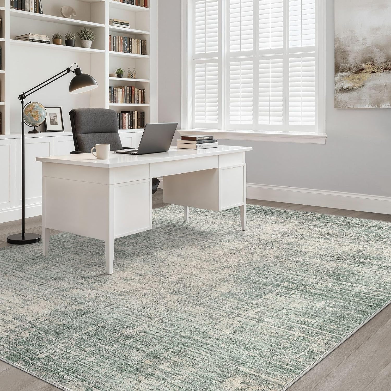 Thumbnail 6 de 7x9 Area Rug Living Room: Washable Large Neutral Green Abstract Rug