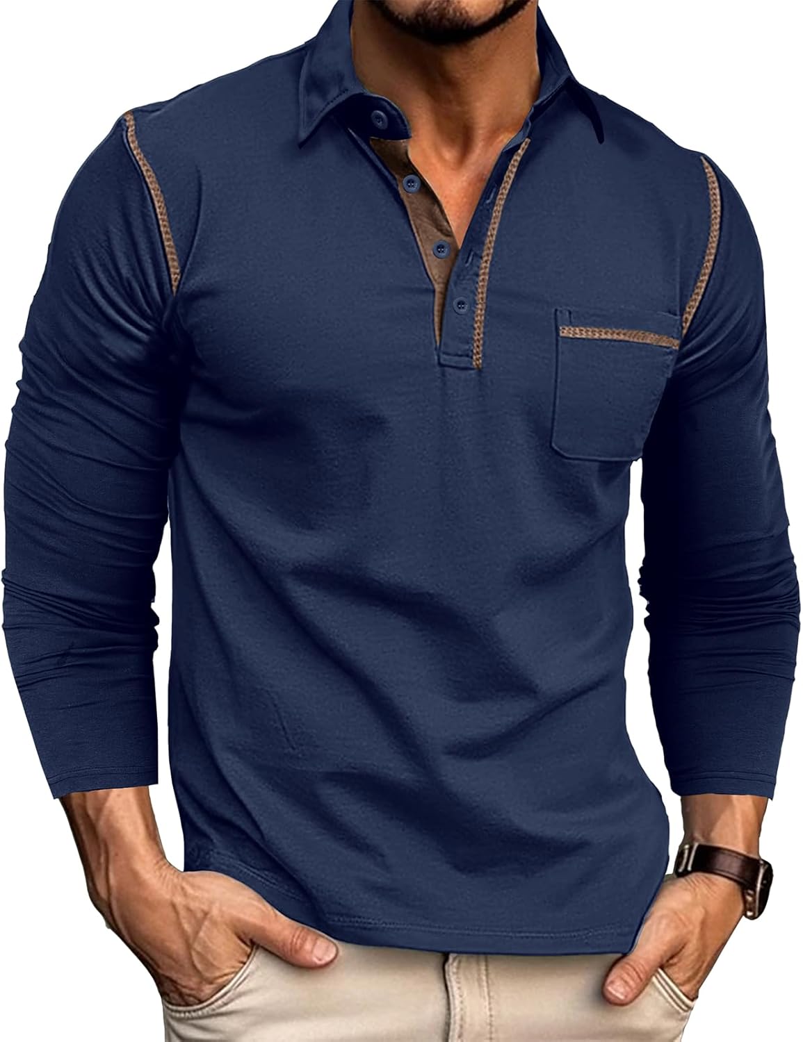 Thumbnail 4 de Herren Langarm-Poloshirt mit Brusttasche aus Baumwolle/Polyester/Elasthan