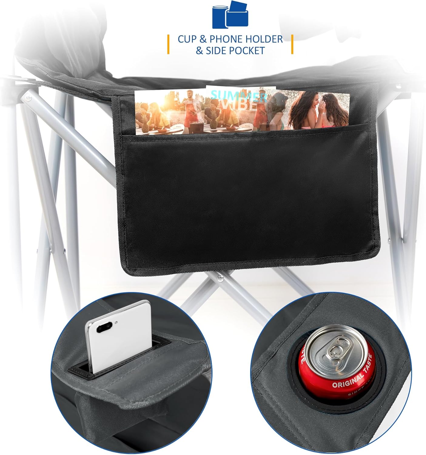Detalle de SUNMER Padded Camping Chairs – 2 Deluxe Folding Chairs with Cup Holder, Side Pockets & 120kg Load, Dark Grey