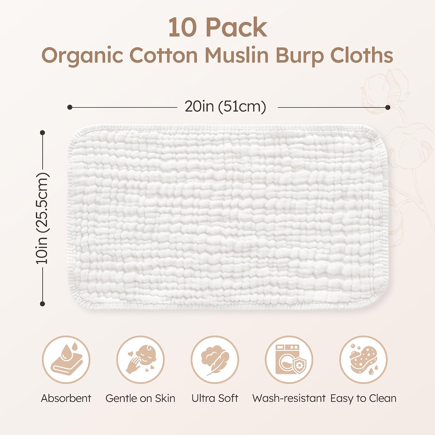 Detalle de Yoofoss Muslin Burp Cloths, 10-Pack Organic Cotton, 20 x 10 in, White