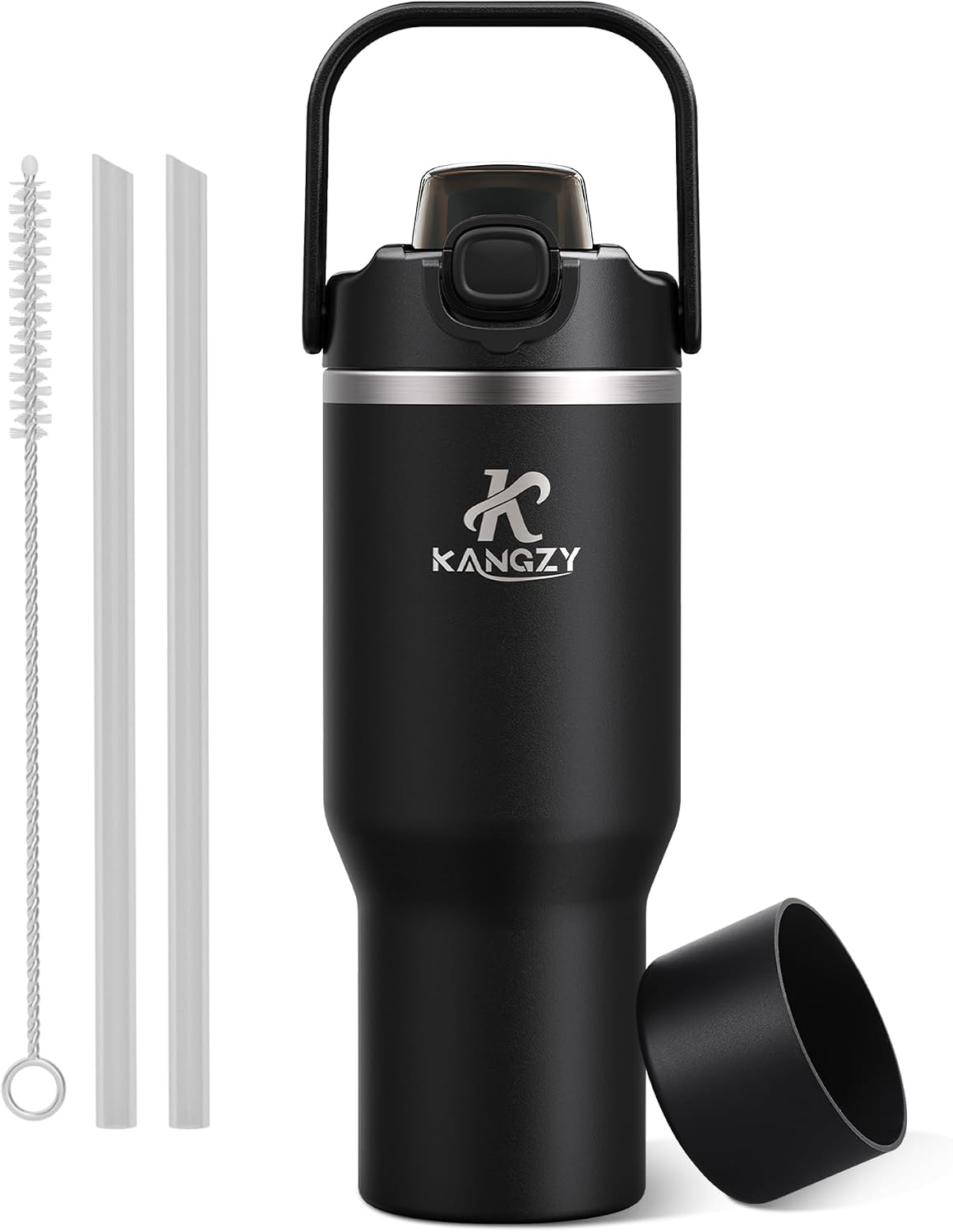 Detalle de KANGZY 1L/32oz Vacuum Insulated Metal Water Bottle with 2-in-1 Straw & Spout Lid – Jet Black