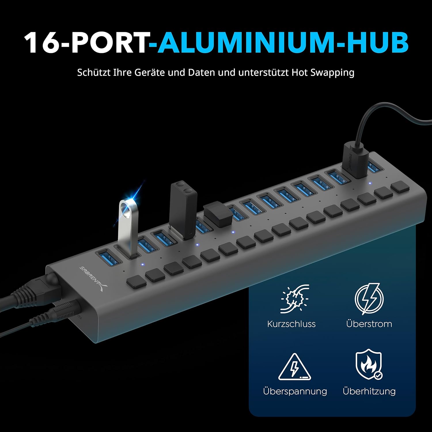 Detalle 2 de SABRENT HB‑PU16 16‑Port USB‑Hub 90W Ladegerät 🔌