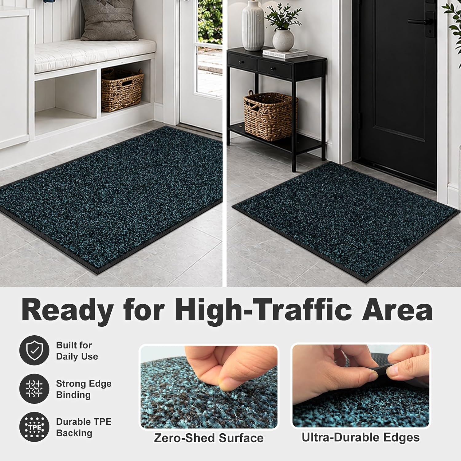 Detalle de Mibao MBPC001 Front Door Mat, 60" x 36", Blue, Low-Profile and Washable