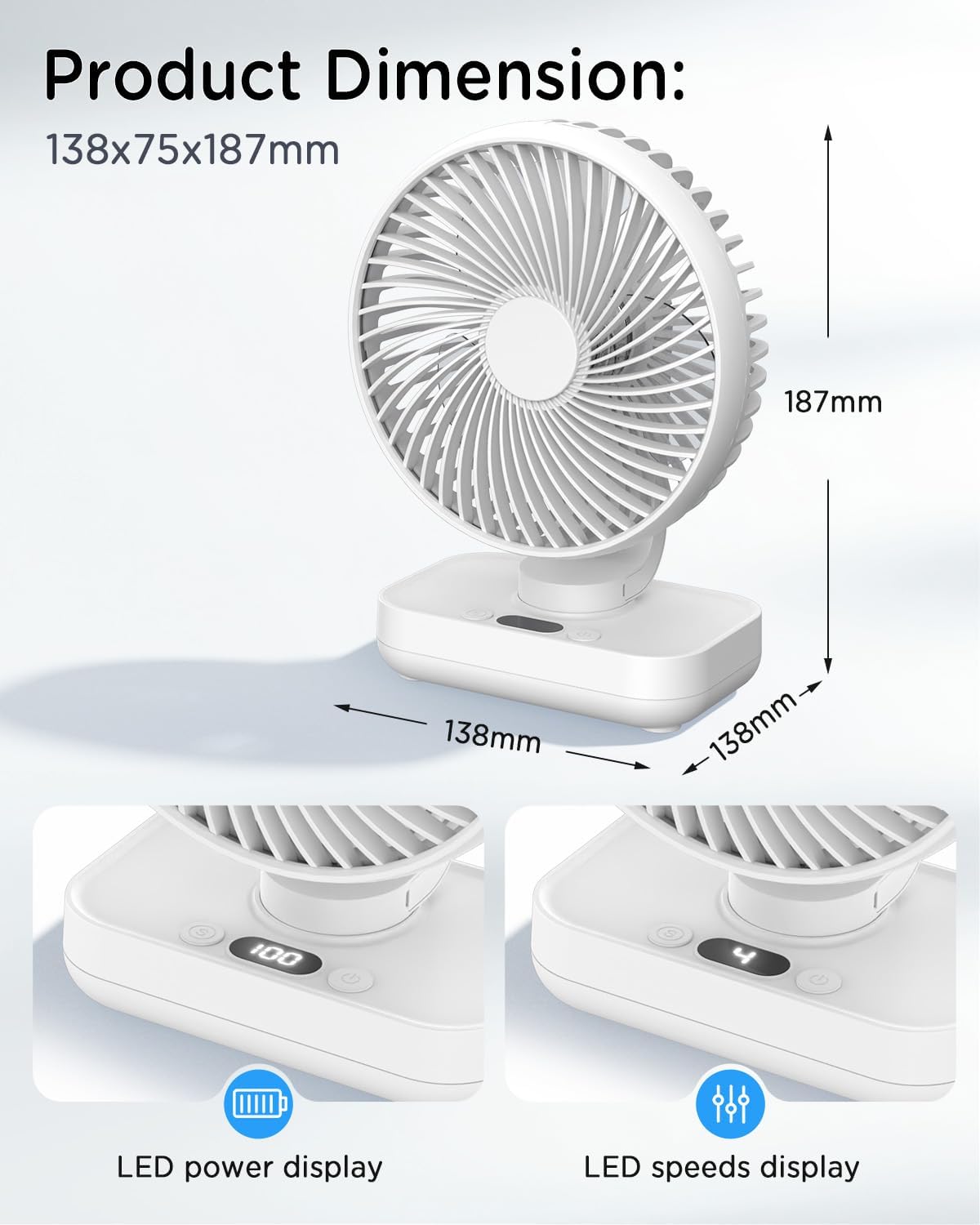 Detalle 2 de EasyAcc Tischventilator mit 4000 mAh Akku – kabelloser USB-Ventilator, 4 Stufen, 120° Oszillation