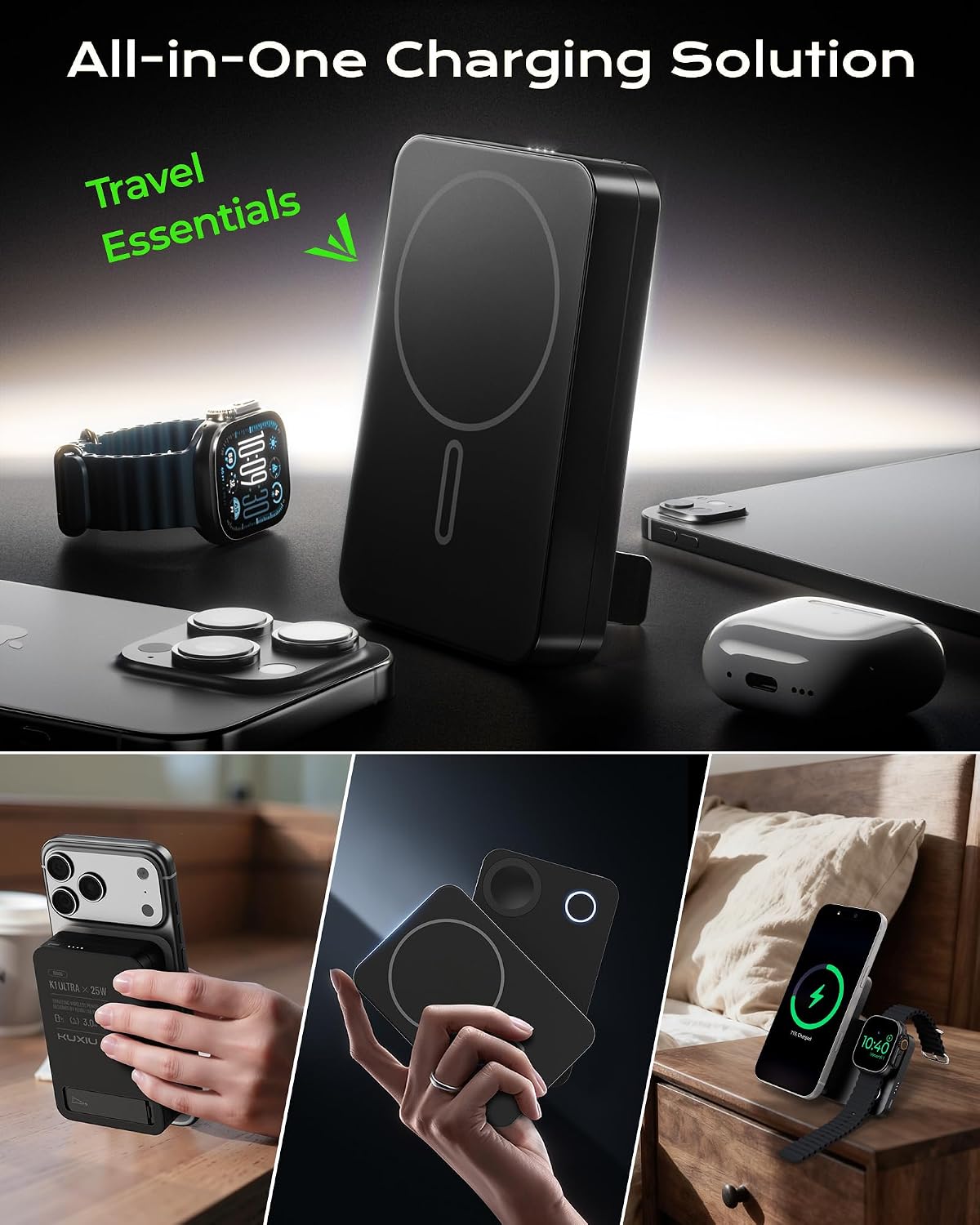 Detalle de KU XIU K1ULTRA Qi2.2 25W Power Bank 3-in-1: ricarica MagSafe, USB-C 30W e supporto pieghevole per iPhone 17/16, Watch e AirPods