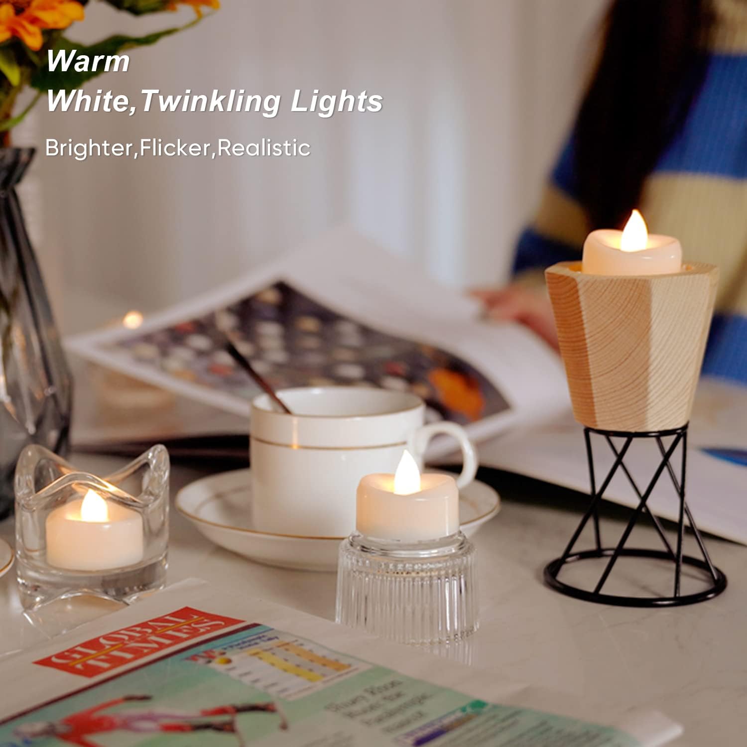 Detalle 2 de AMAGIC 12 Stück Flackernden Kerzen mit Timer – LED-Teelichter mit 6-Stunden-Timer, warmweiß