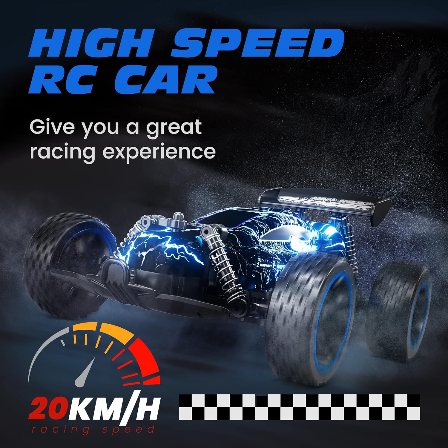Detalle de Tecnock 1:18 Scale 2WD RC Car for Kids with LED Lights, 2.4GHz Remote & USB-C Charging