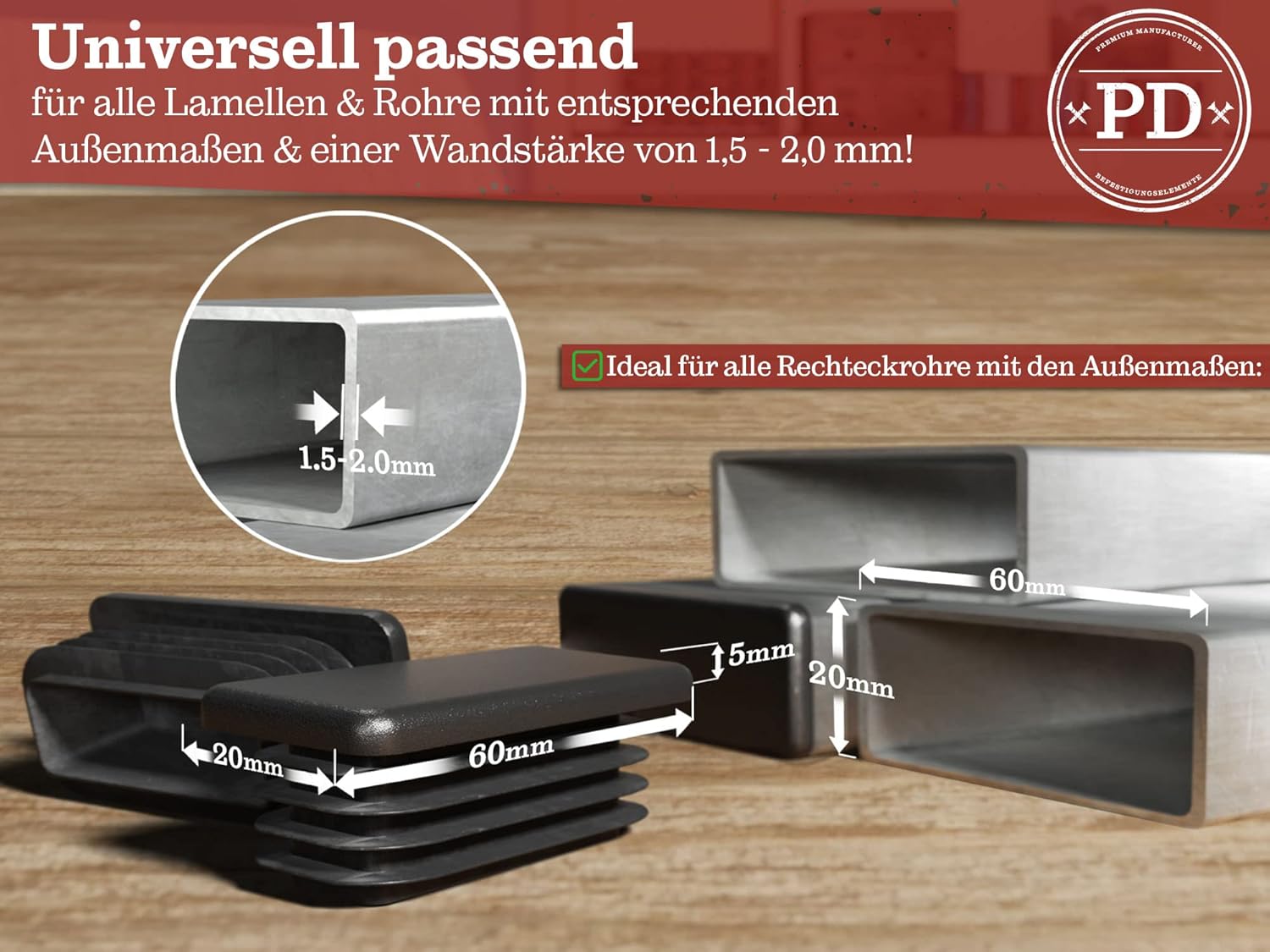 Thumbnail 1 de PD® Lamellenstopfen 60x20 mm für Vierkantrohr (Außenmaß) – 10 Stück, schwarz