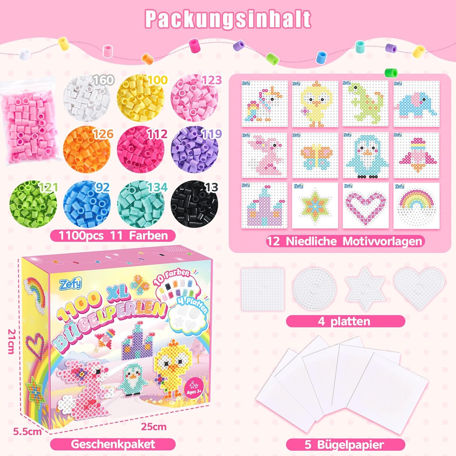 Detalle de Zefy 10mm Bügelperlen Set Maxi: 1100 XL Perlen, 4 Steckplatten und Geschenkbox (Pastell)