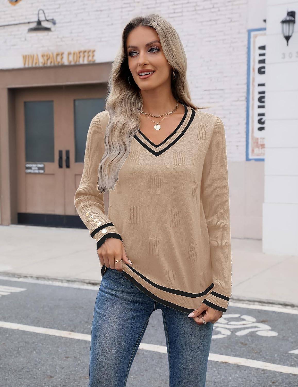 Detalle 2 de Zeagoo V Neck Ribbed Knit Sweater Tops