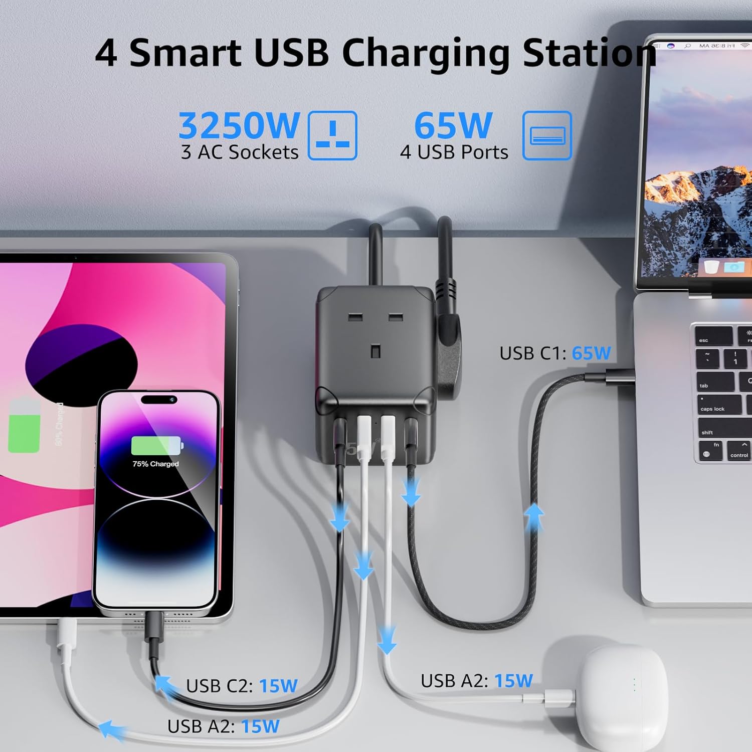 Thumbnail 3 de Cube Extension Lead with USB C Slots (PD65W), 3 Way UK Plug, 3m Cable, 2 USB‑A & 2 USB‑C Ports